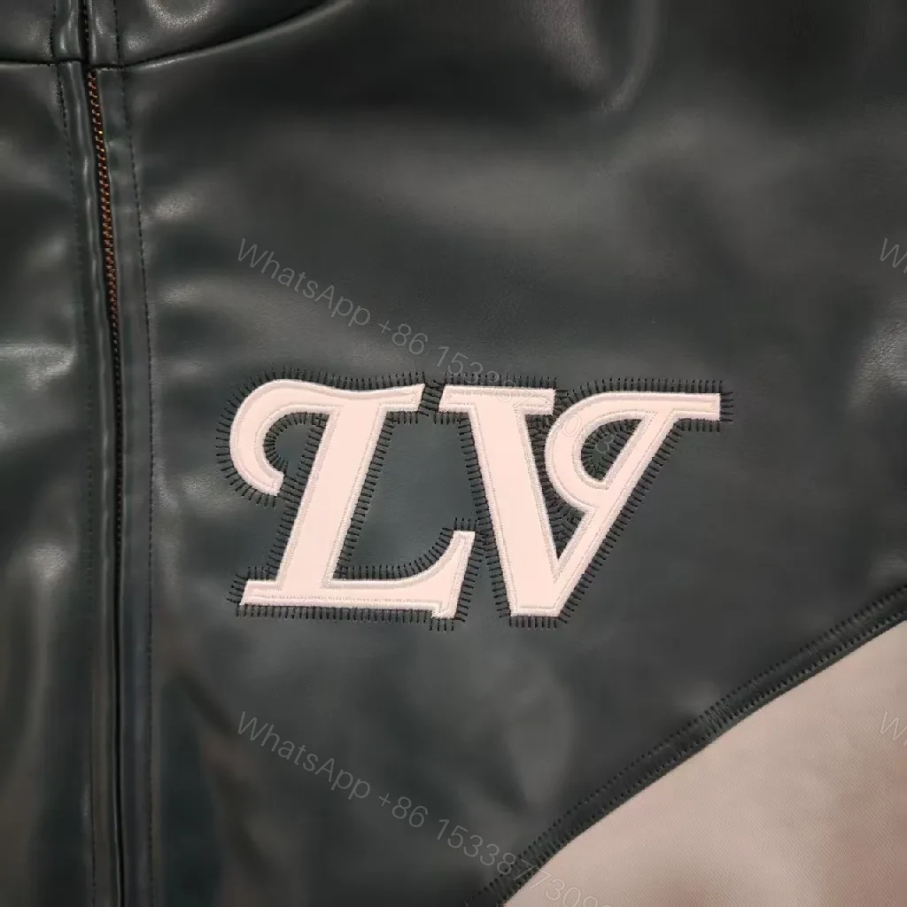 View 3 of Color-blocked Leather-Texture Windbreaker with LV-Inspired Accent