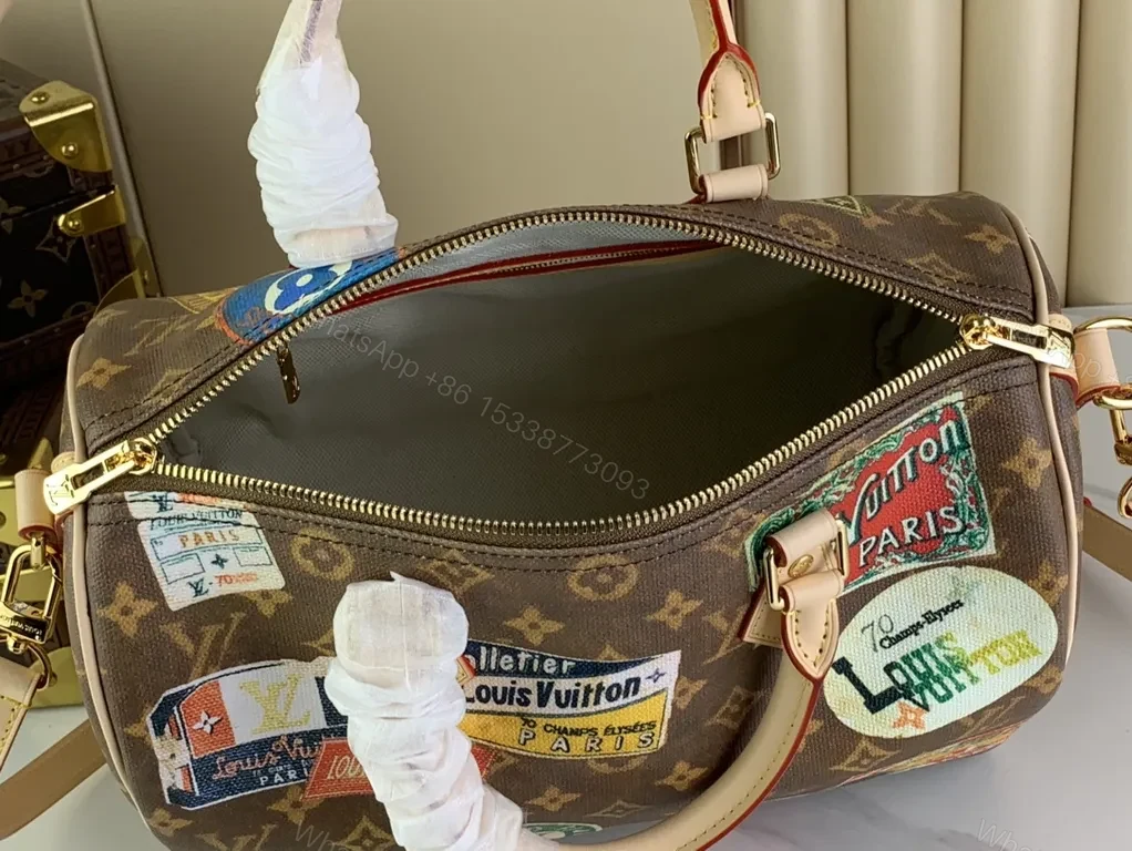 View 2 of Bold LV-Inspired Patch Satchel - Travel-Ready Satchel