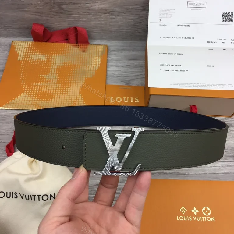 View 6 of Olive Pebble Leather Belt with Silver LV Buckle (Premium)