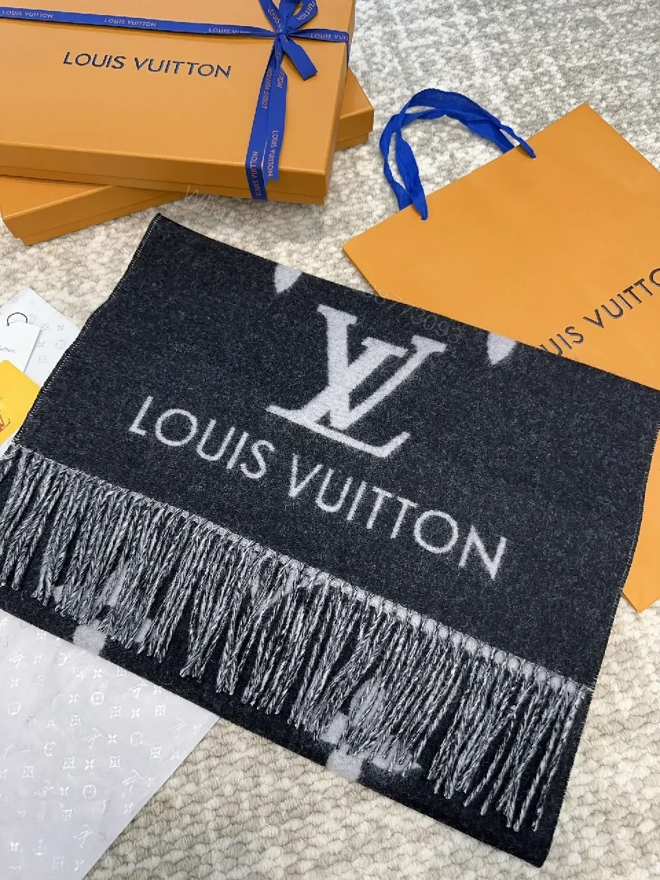 View 4 of Black & gray dual-tone scarf: luxury, woven, fringed