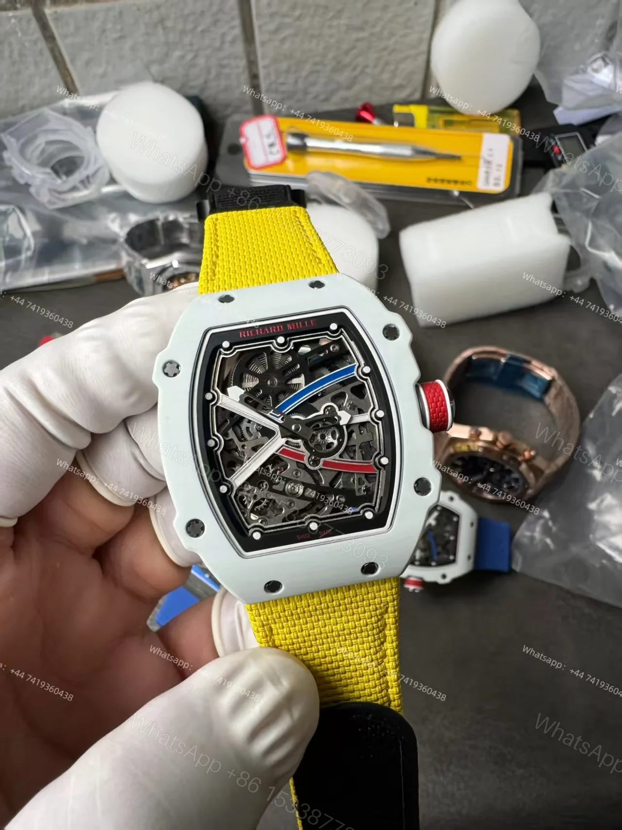 View 4 of Super Clone Richard Mille RM67-02 White Ceramic Skeleton Tourbillon 1:1 Replica Watch with Yellow Strap