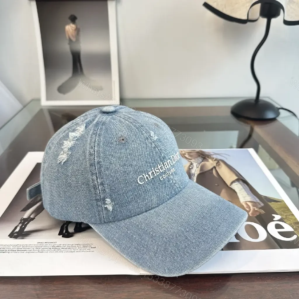 View 3 of Blue Denim Cap Distressed Crown / White Embroidered Text Cap