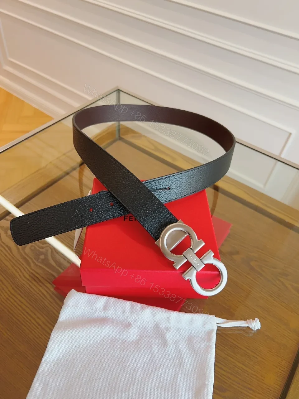 View 2 of Polished Leather Belt with Double-Gancini – Luxe Everydaywear