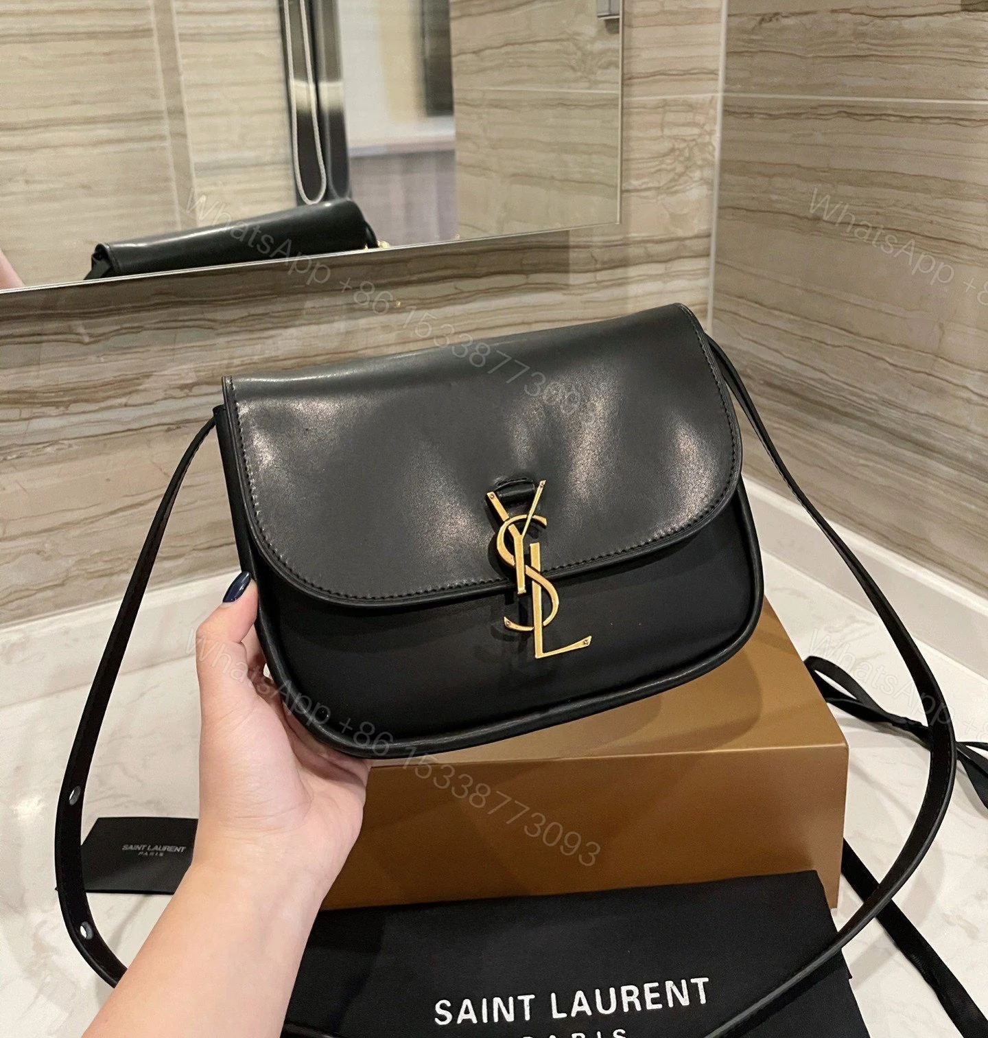 SAINT LAURENT Smooth Calfskin Classic Monogram Small Kaia Satchel Black — view 1