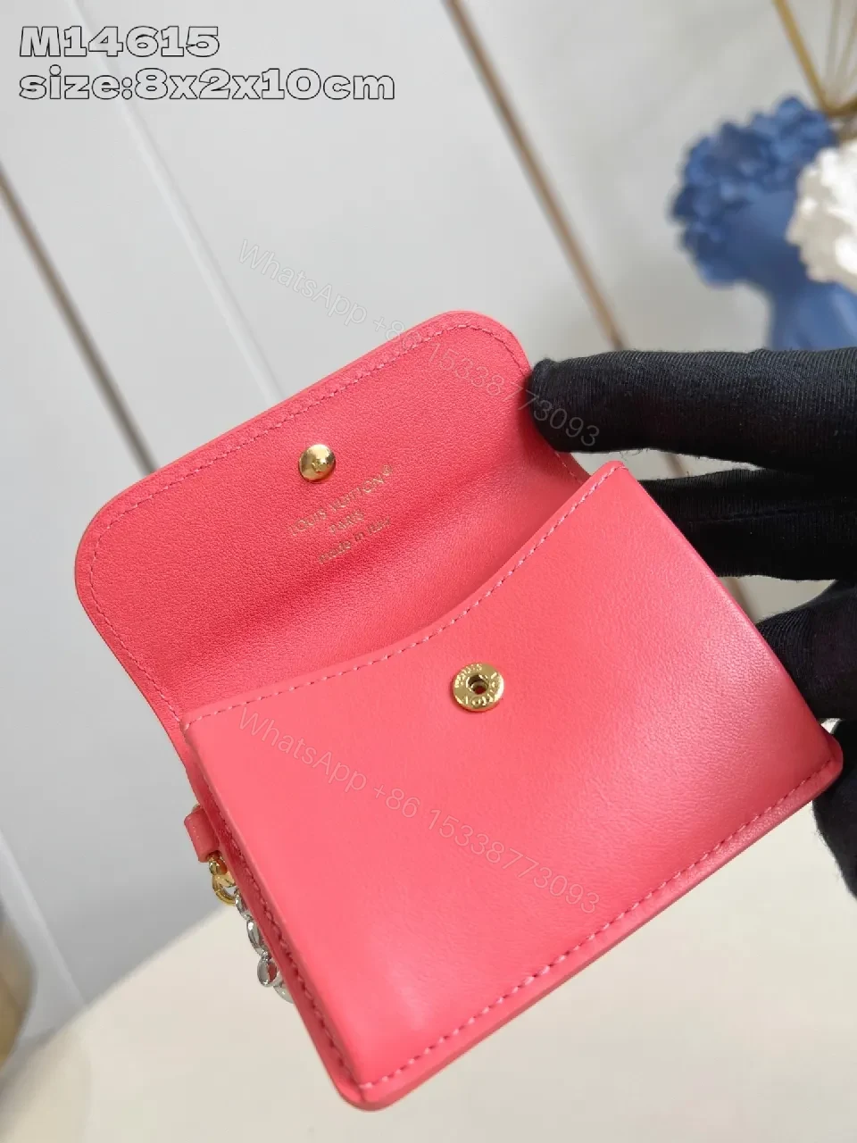 View 3 of Pink Mini Wallet, Leather, Compact, Gold LV Accent, Wallet