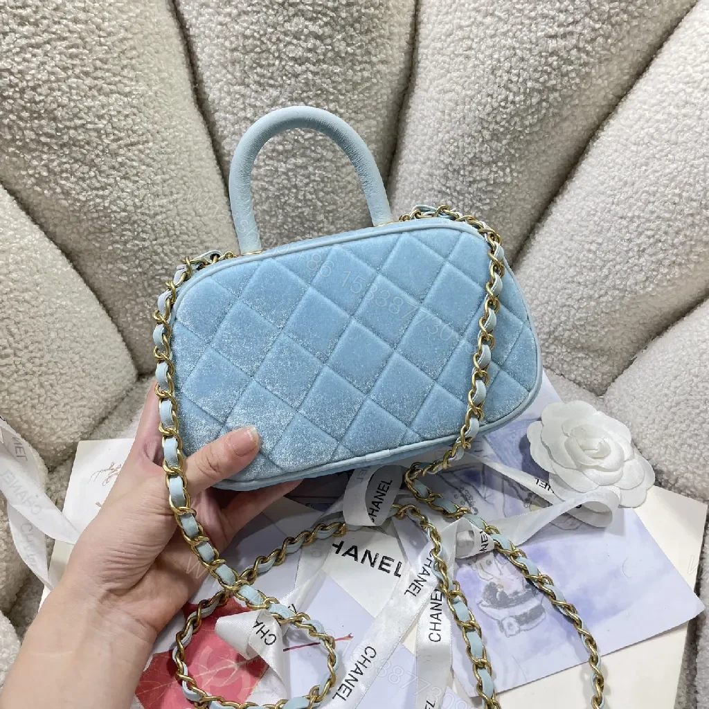 View 3 of Pastel Velvet Quilted Mini Bag with Gold Chain Short Crossbody Bag