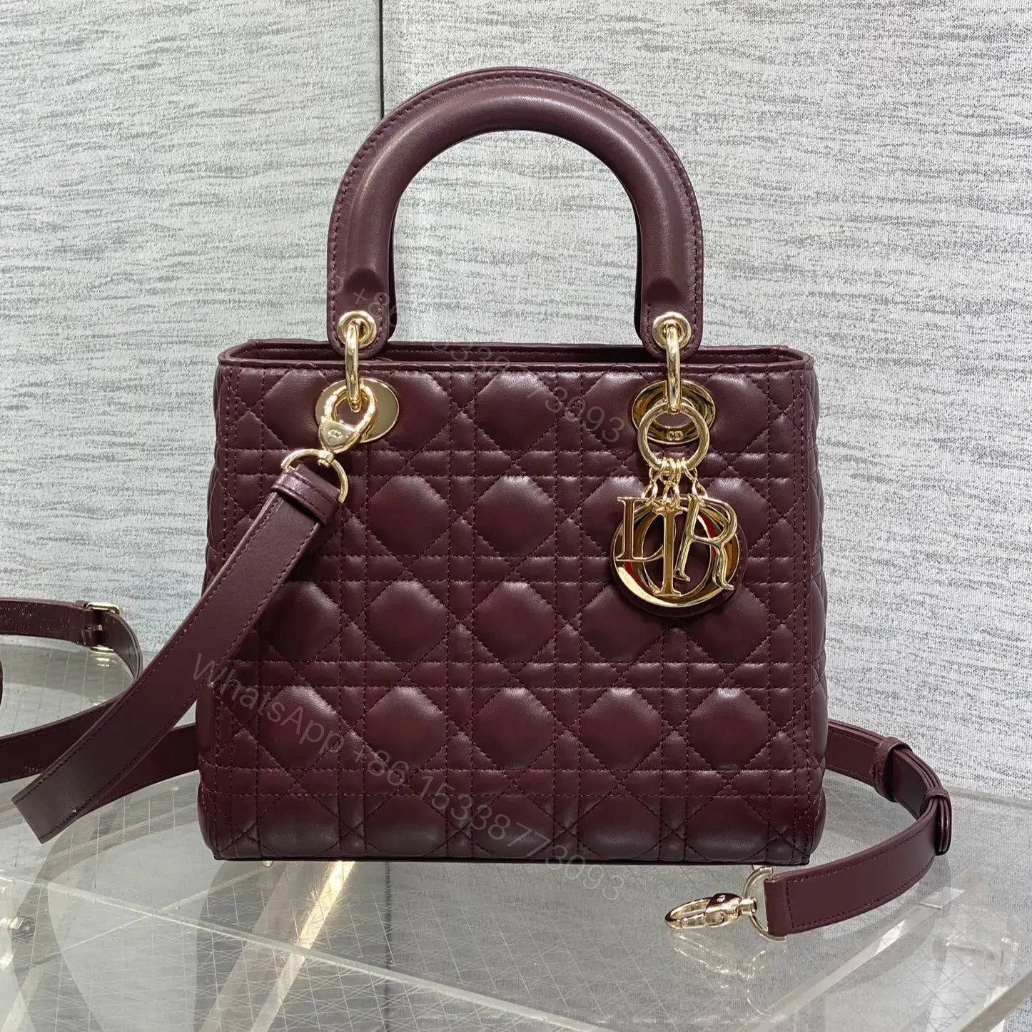 DIOR MEDIUM LADY BAG 24 IN BURGUNDY GOLD HARDWARE — view 1