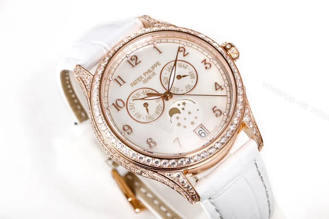View 3 of Patek Philippe Complications Collection Ladies’ Annual Calendar Moon Phase Watch in Rose Gold with Diamond Set Case White Mother of Pearl Dial and Italian Leather Strap