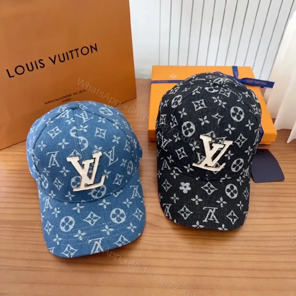 View 5 of Indigo Denim Cap with Gold LV Crest Monogram, Curved Visor