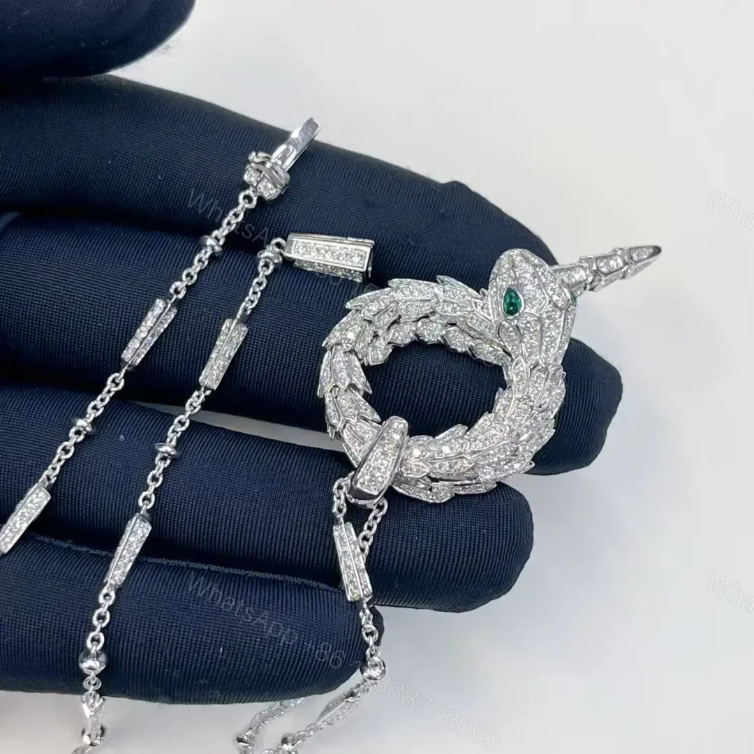 View 2 of 18kt White Gold Bvlgari Serpenti Viper Pendant Necklace with Diamonds and Emerald