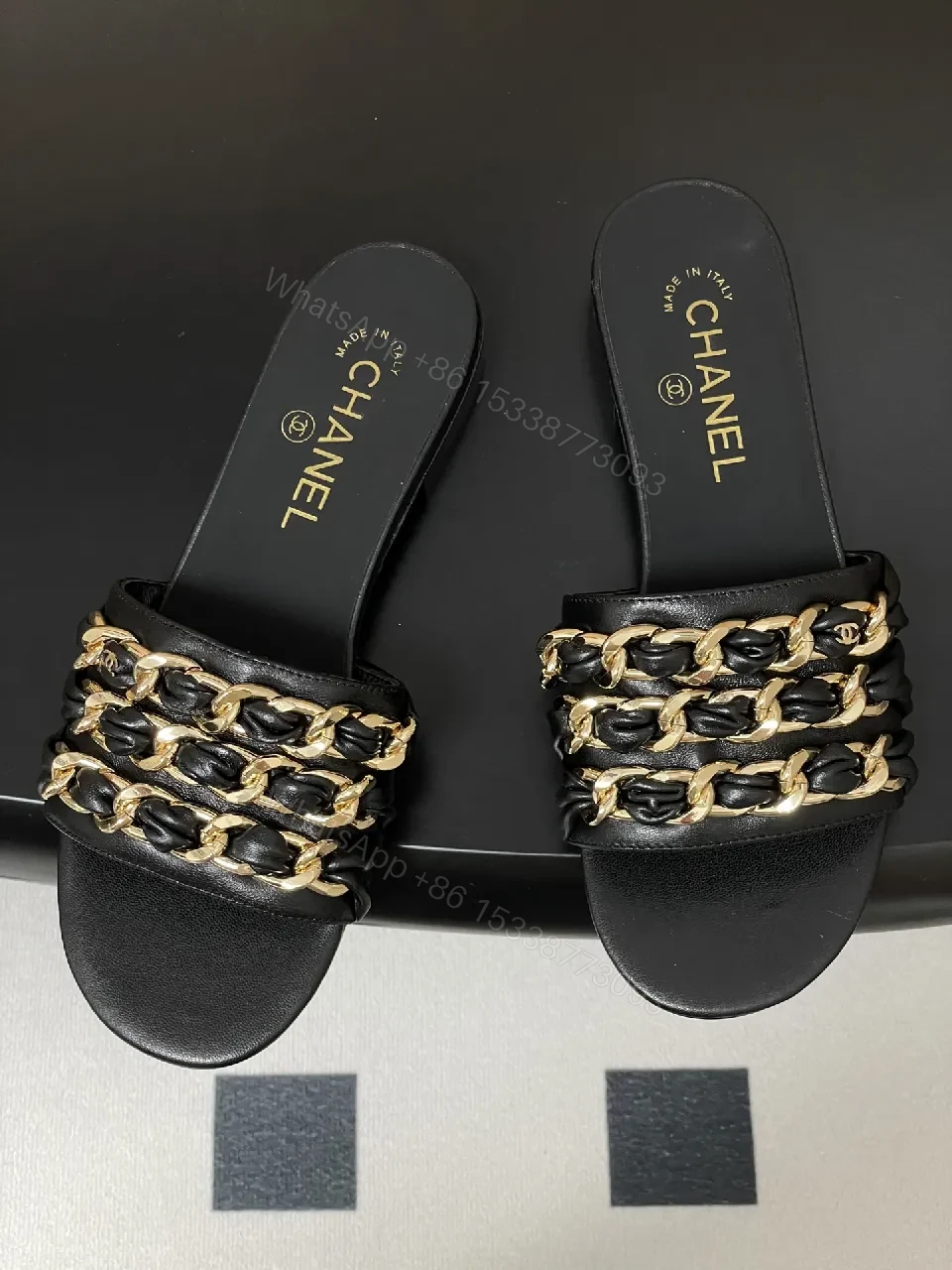 View 8 of Black Leather Slide with Gold Chain Detail – Luxury Everyday Comfort