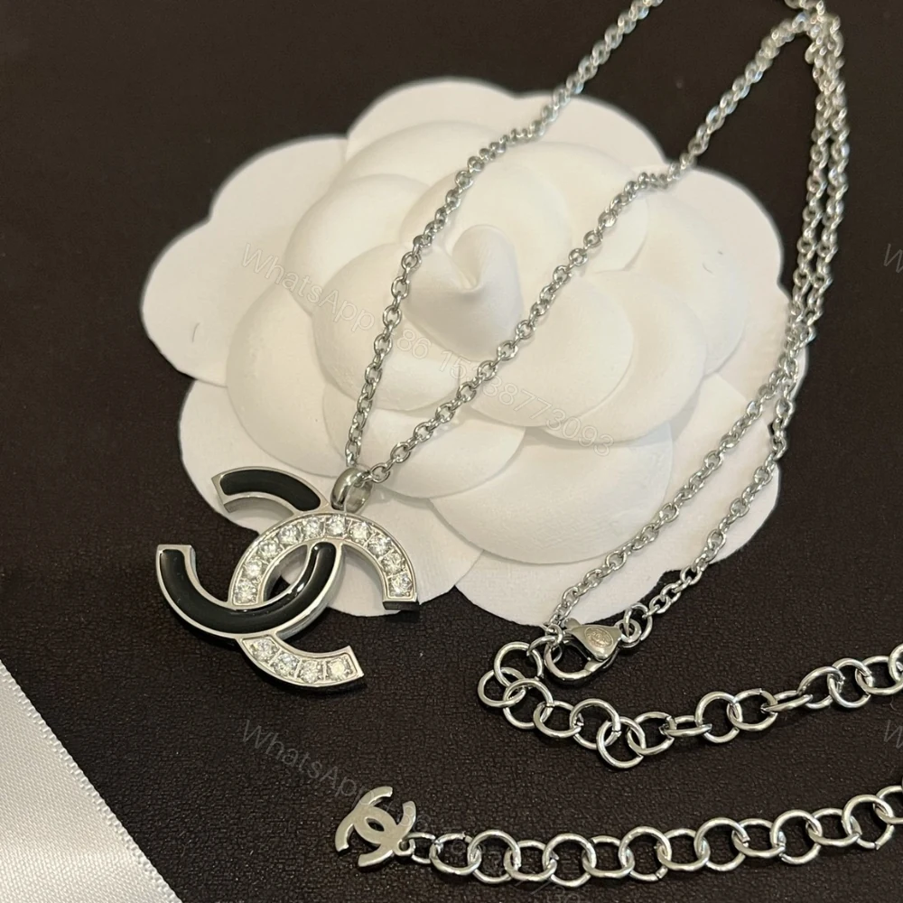 View 5 of Chanel Cc Logo Pendant Necklace White Stones And Black Enamel Silver
