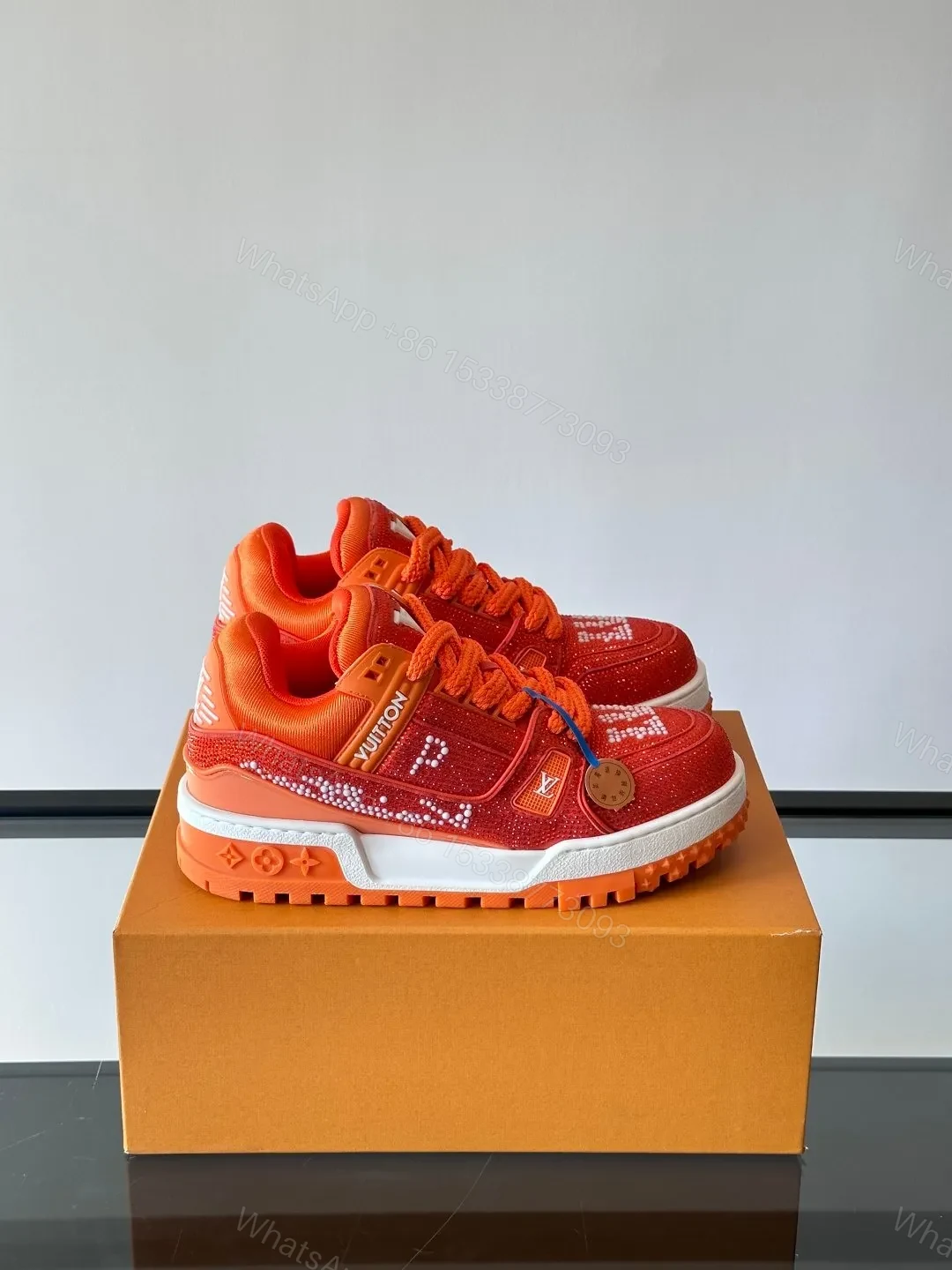 LV Men Orange Suede And Mesh Sneakers — view 1