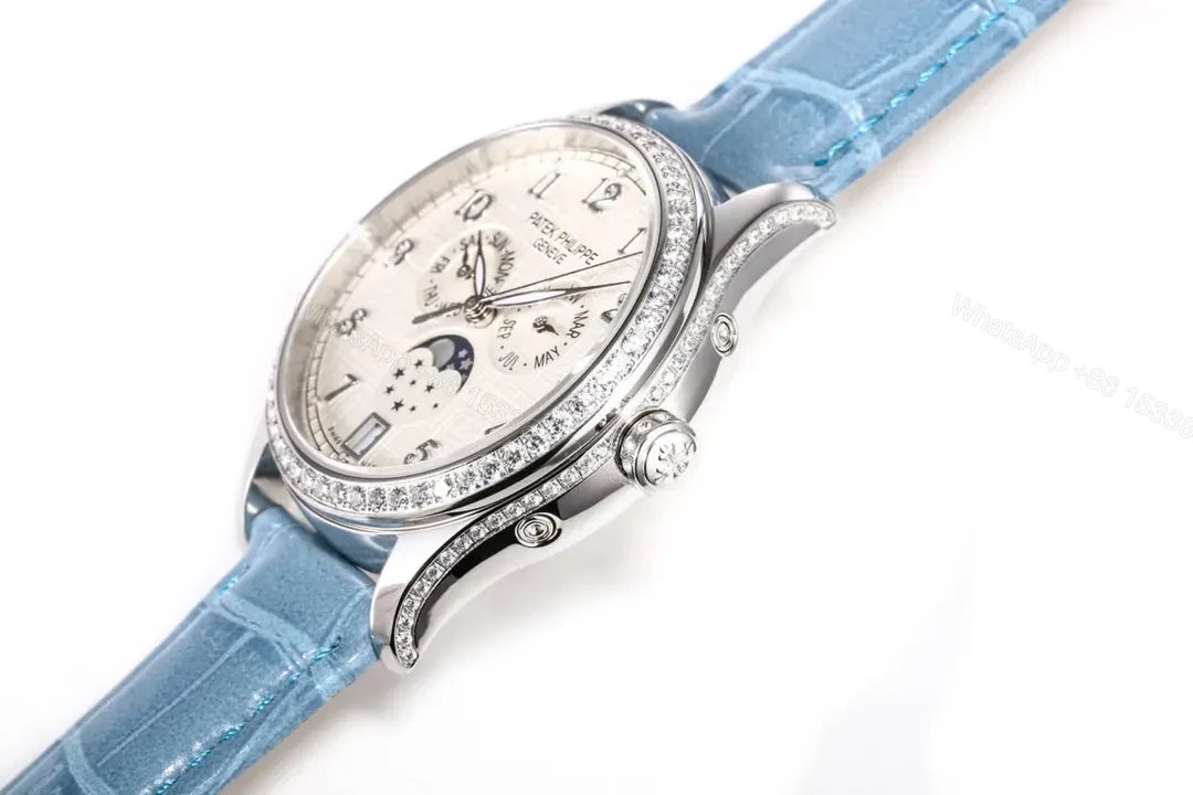View 5 of Patek Philippe Complications Series Annual Calendar Moon Phase Women’s Watch 4947R/4947G 4948R/4948G White Dial with Blue Leather Strap Diamond Set Case