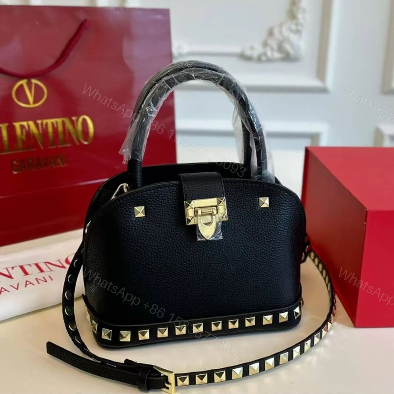 View 3 of VALENTINO GARAVANI ROCKSTUD HANDBAG IN GRAINY BLACK 21CM