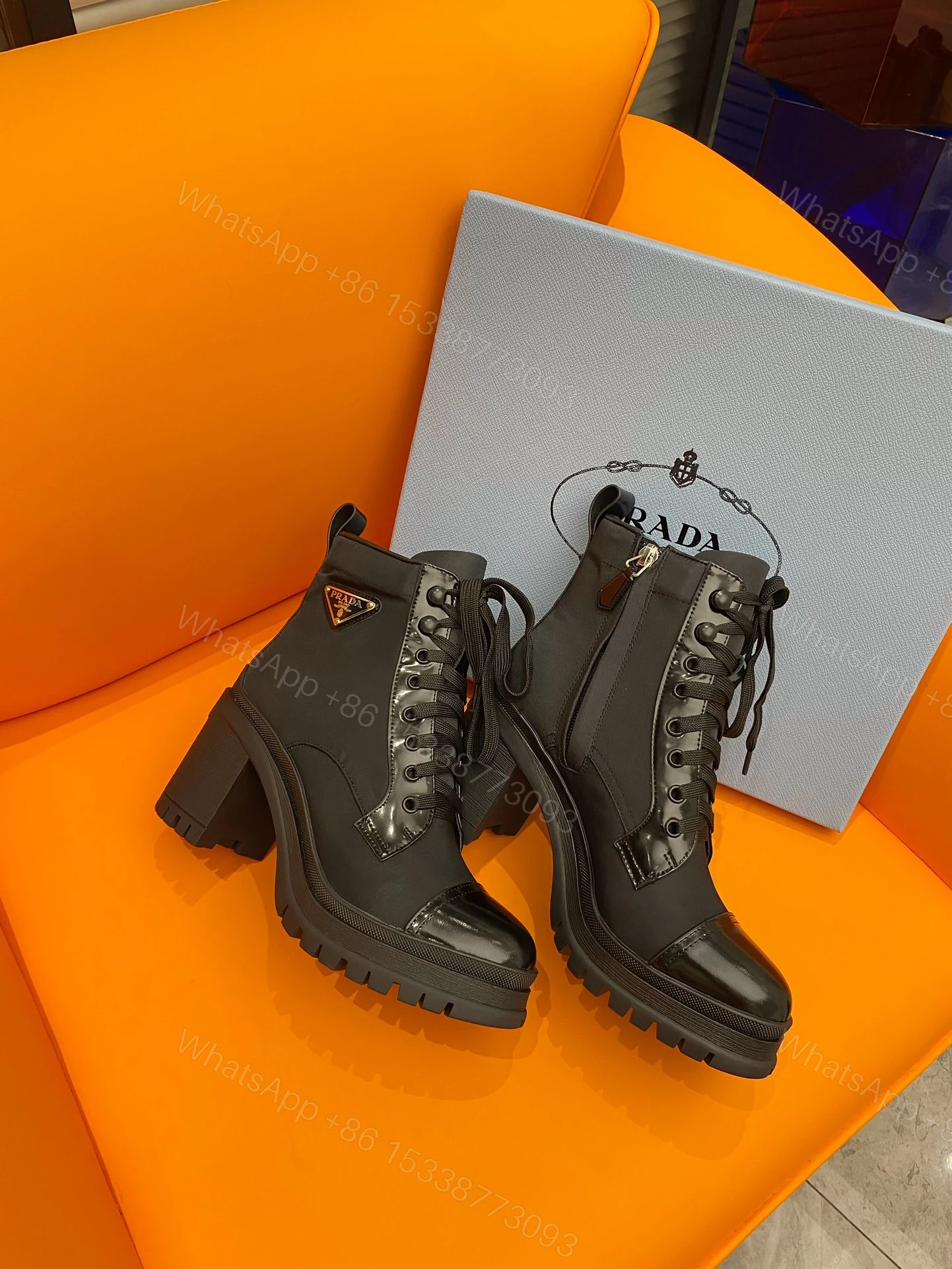View 5 of PRADA LOGO PLAQUE ANKLE BOOTS BLACK