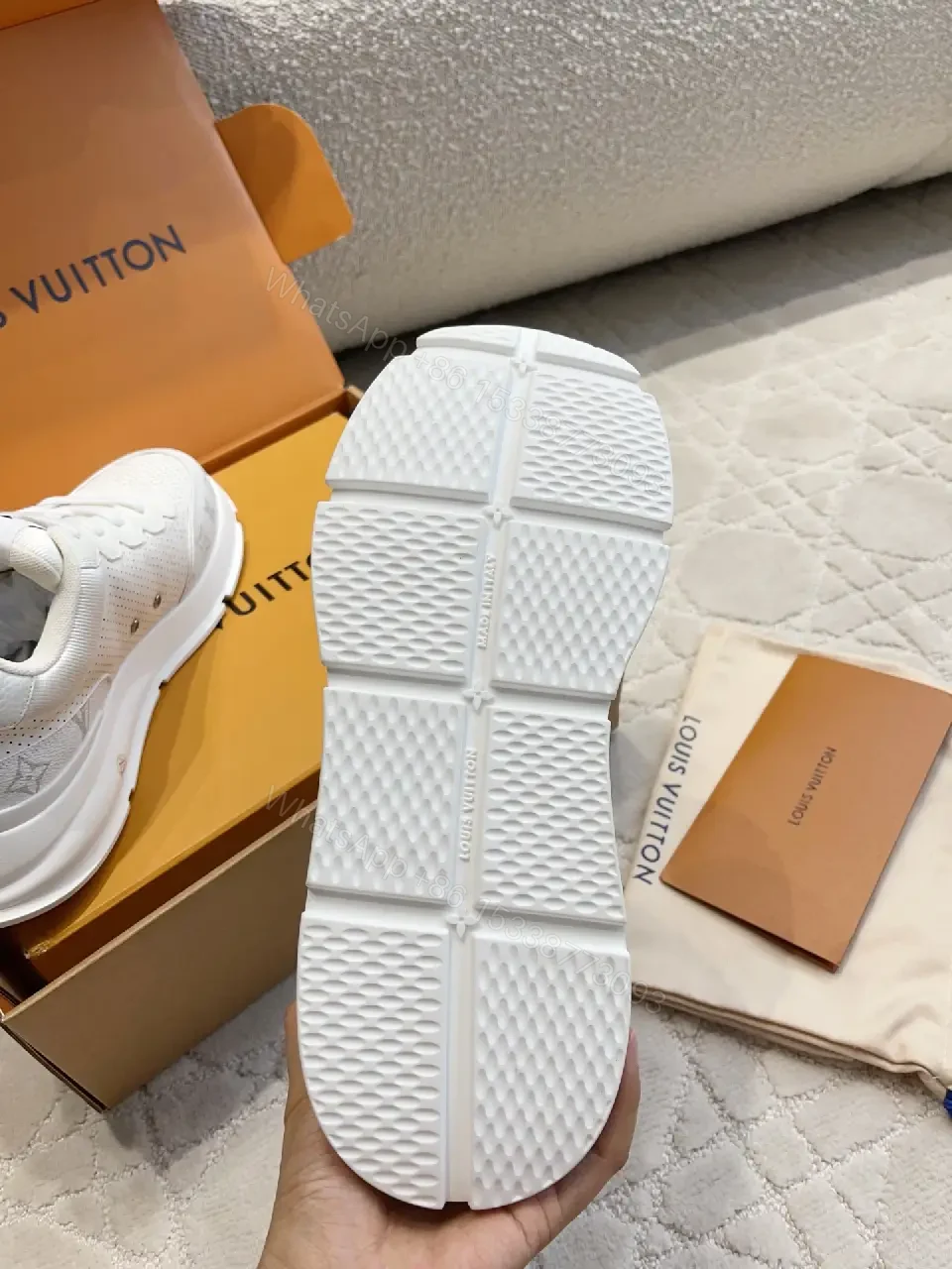 View 5 of White Leather Runner Sneakers Perforated Mesh Modern LV Logo Accent Shoes