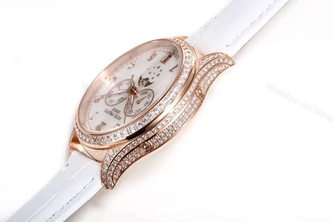 View 6 of Patek Philippe Complications Collection Ladies’ Annual Calendar Moon Phase Watch in Rose Gold with Diamond Set Case White Mother of Pearl Dial and Italian Leather Strap