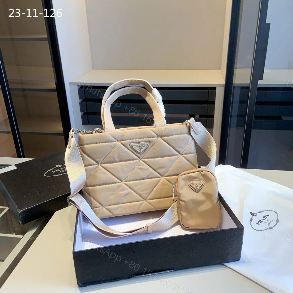 View 2 of Prada Re Nylon Padded Tote Bag Beige 23Cm