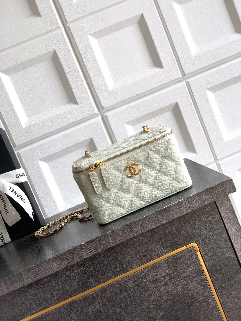 View 3 of mint green quilted leather shoulder bag with gold chain and logo charm