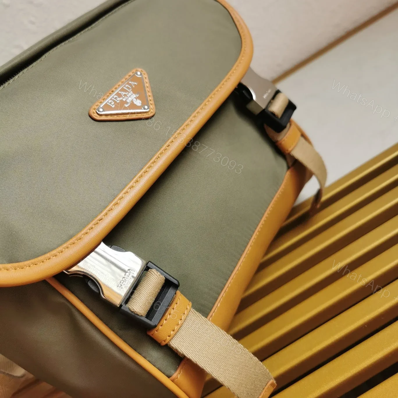 View 5 of MESSENGER BAG 20 IN KHAKI GREEN RE-NYLON AND BROWN CALFSKIN TRIM