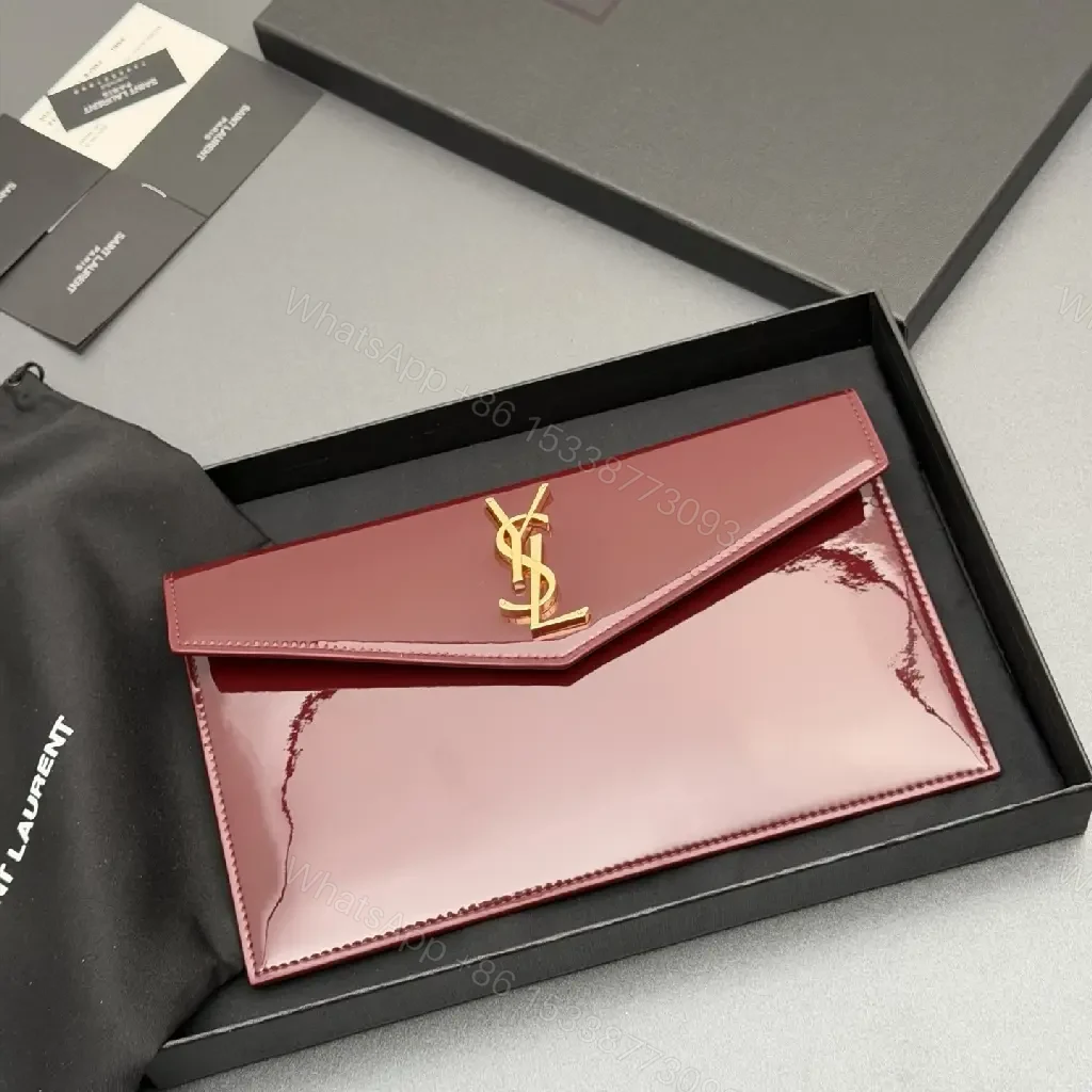 View 2 of Magenta Patent Envelope Clutch with Gold Monogram - Luxe Style