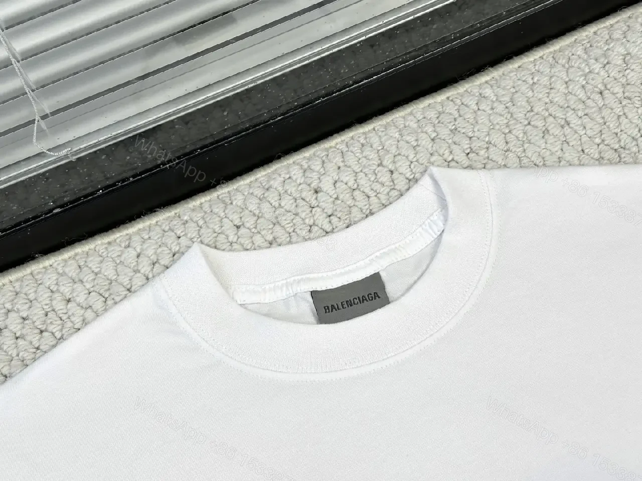 View 5 of White Cotton Minimalist T-Shirt with Balenciaga Logo