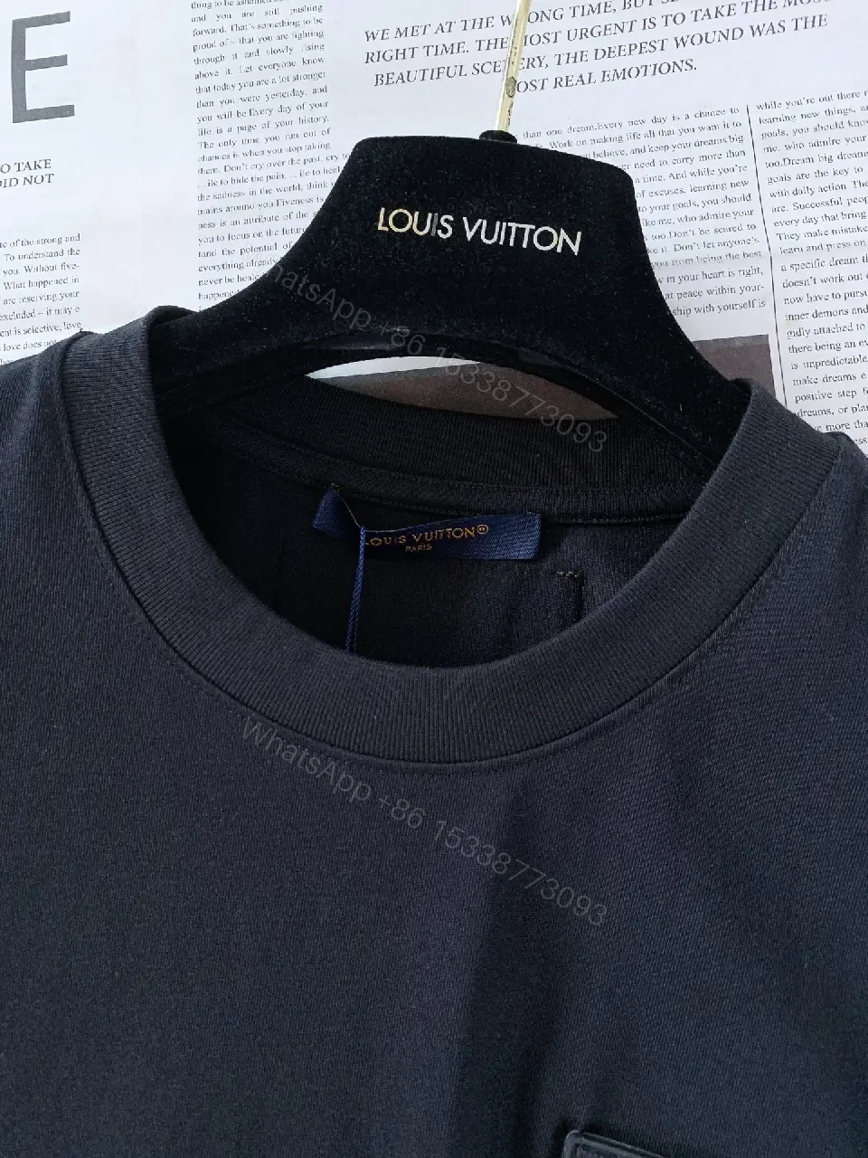 View 4 of Beige Cotton Tee with LV Monogram Pocket, Crew Neck