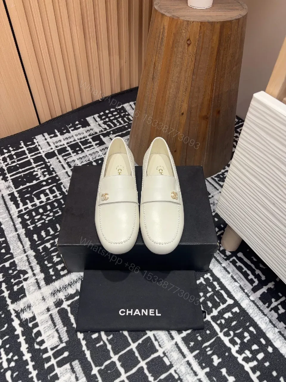 Ivory Leather Loafers – Classic Gold Logo, Moccasin Toe — view 1