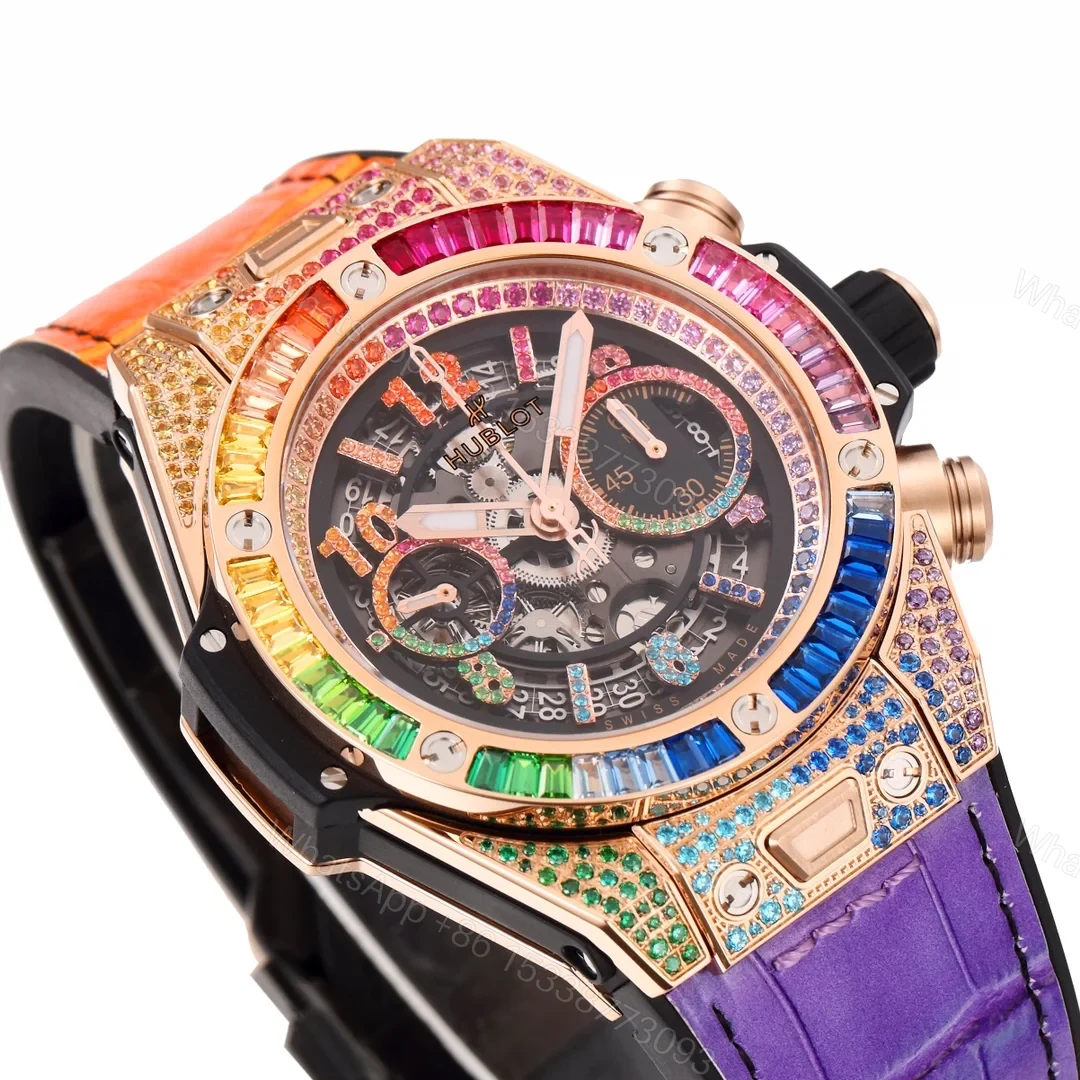 View 5 of Hublot Big Bang Rainbow Replica 45MM Premium Rose Gold Case Purple Orange Leather Strap Edition RG-HUBLOT-RAINBOW-RG-45