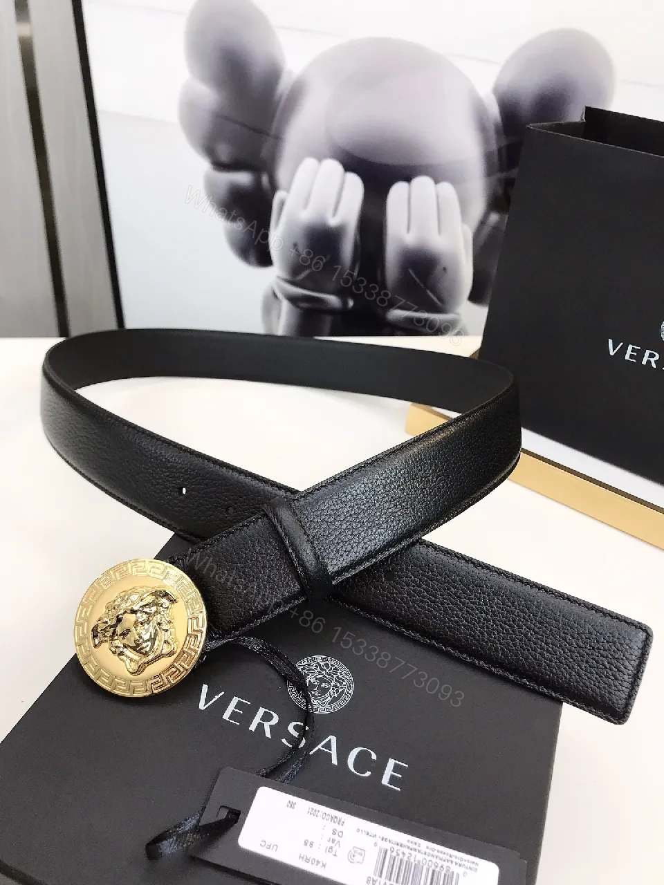 View 5 of Black Leather Belt with Gold Medusa Buckle, Signature Style