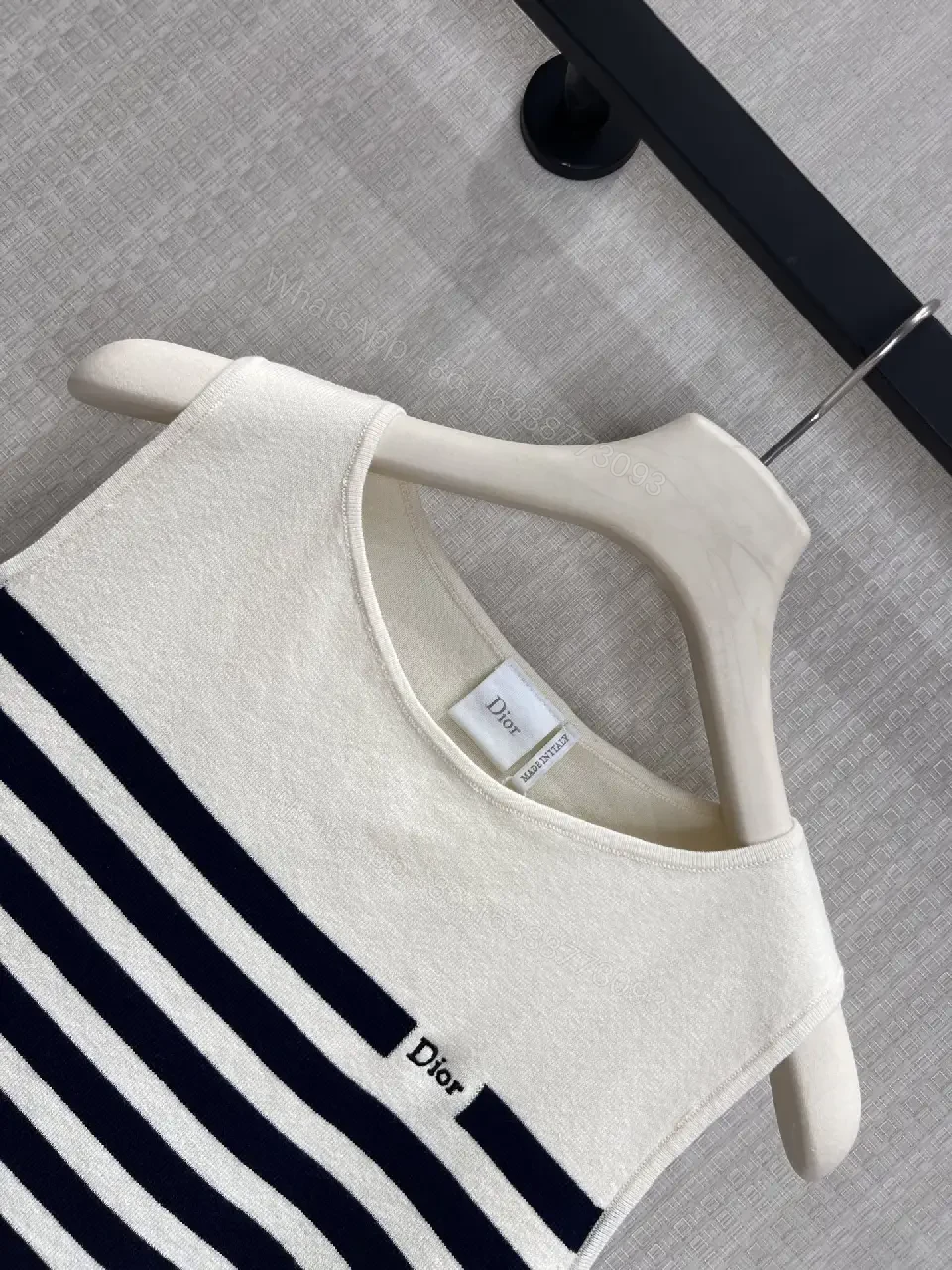View 6 of White Navy Stripe Sleeveless Knit Tank Top - Dior Logo Patch Upgrade