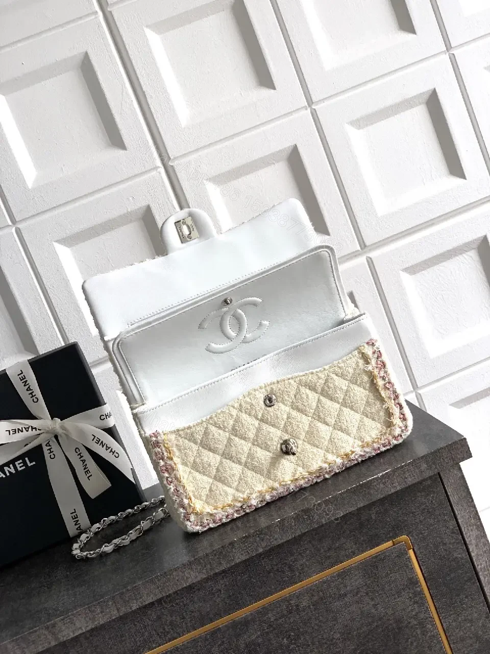 View 4 of Tweed-Texture Chain-Stride Flap Bag, Compact Luxury