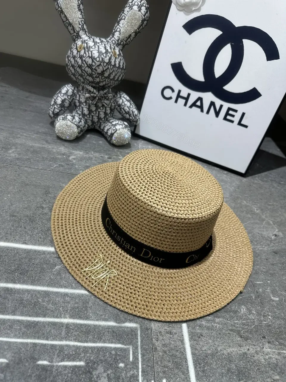 View 7 of Beige Straw Wide-Brim Hat with Dior Band (Emblem)