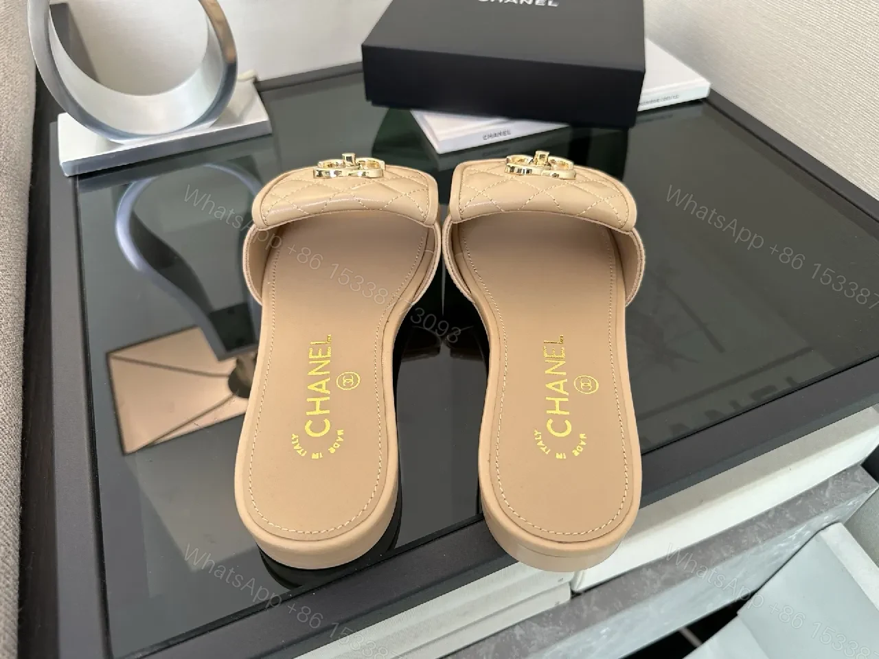View 2 of Beige Quilted Slip-Ons with Gold Hardware Sandals