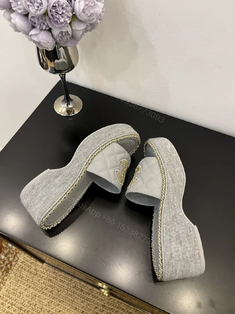 View 8 of Grey Leather Slip-On Sandals with Gold Chain Logo