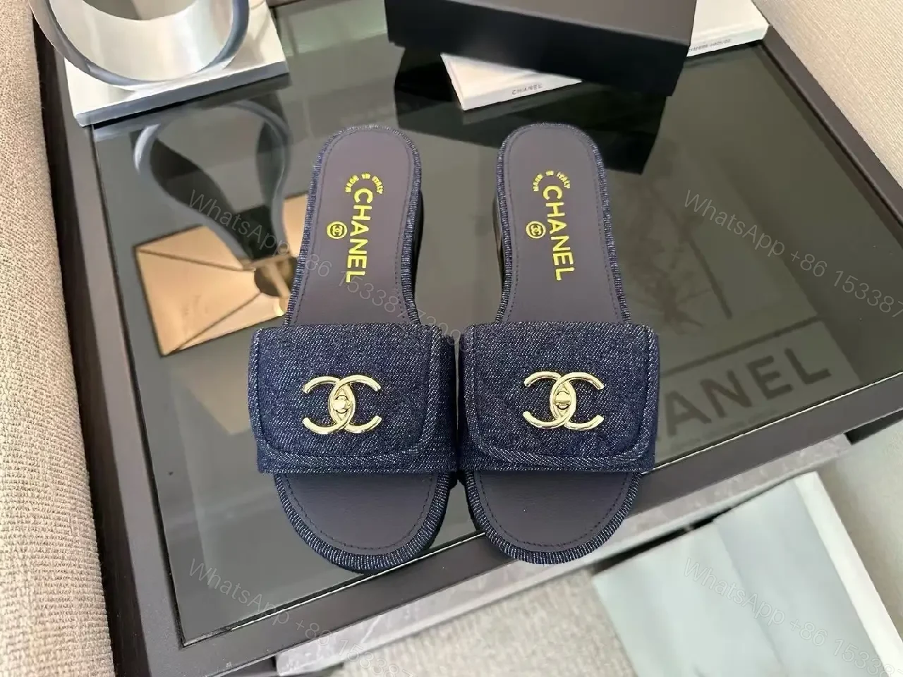 View 10 of Denim Slides with Gold Emblem – Luxe Casual Comfort