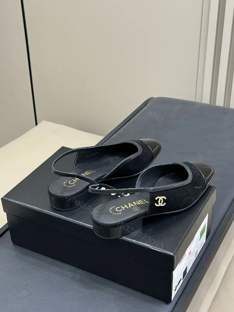 View 6 of Black Suede Slingback Sandals with Patent Toe Cap – Elegant Comfort