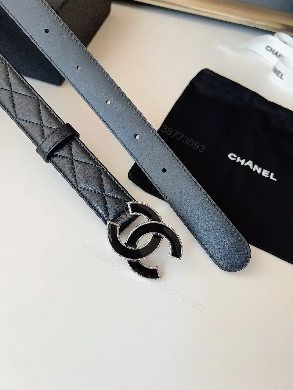 View 6 of Quilted Leather Belt with Signature Buckle - Black - Slim