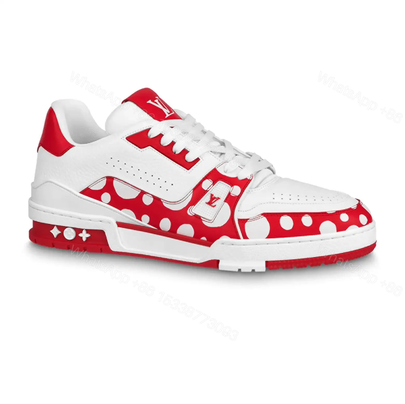 LOUIS VUITTON X YAYOI KUSAMA TRAINER CALF LEATHER SNEAKER IN RED AND WHITE – LSVT373 — view 1