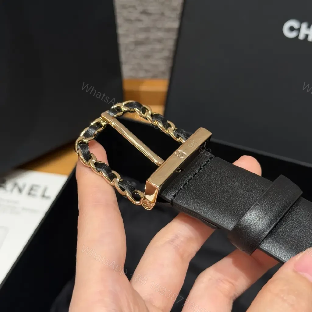 View 7 of Black Leather Belt Leather Luxury/Sleek Chain-Linked Buckle Accent Belt