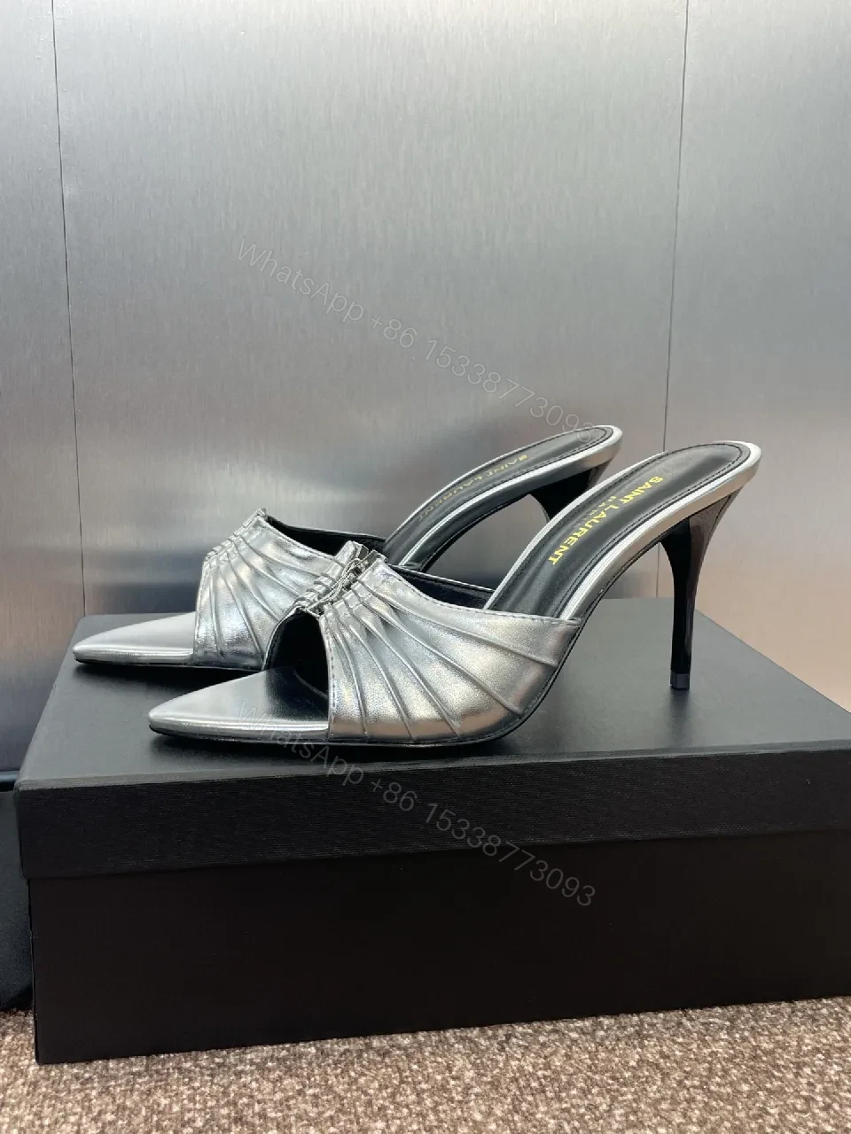 View 2 of Metallic Pointed-Toe Mule Heels with Signature Hardware Realized