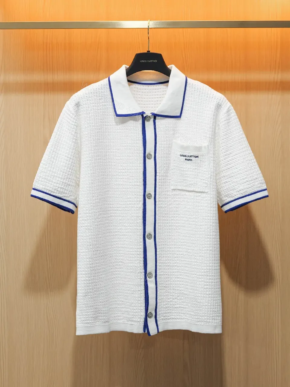 View 5 of White Polo Shirt Dress Knit with Blue Trim Subtle Louis Vuitton Label