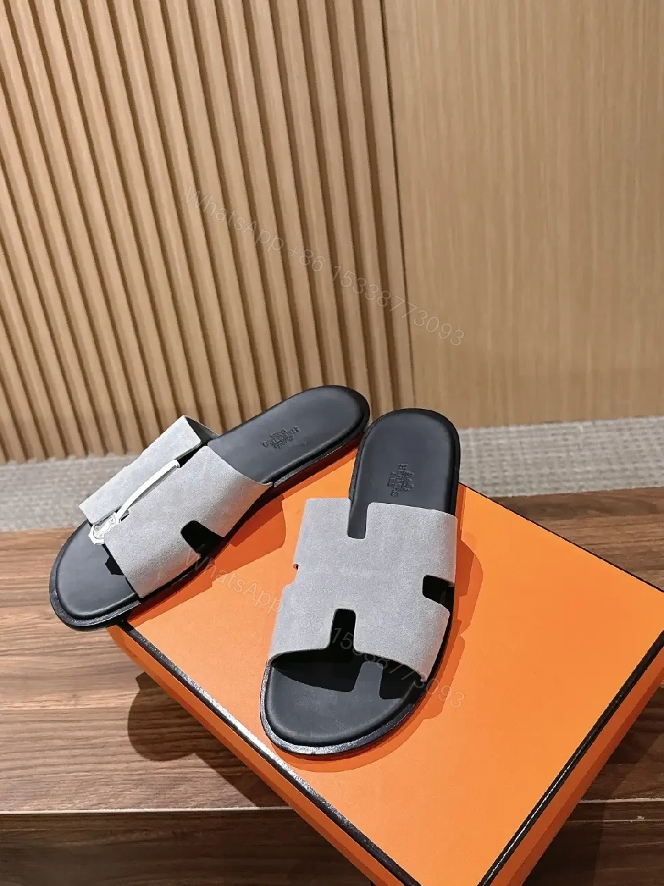 View 5 of Grey suede slide sandals with cutout strap for premium everyday luxury