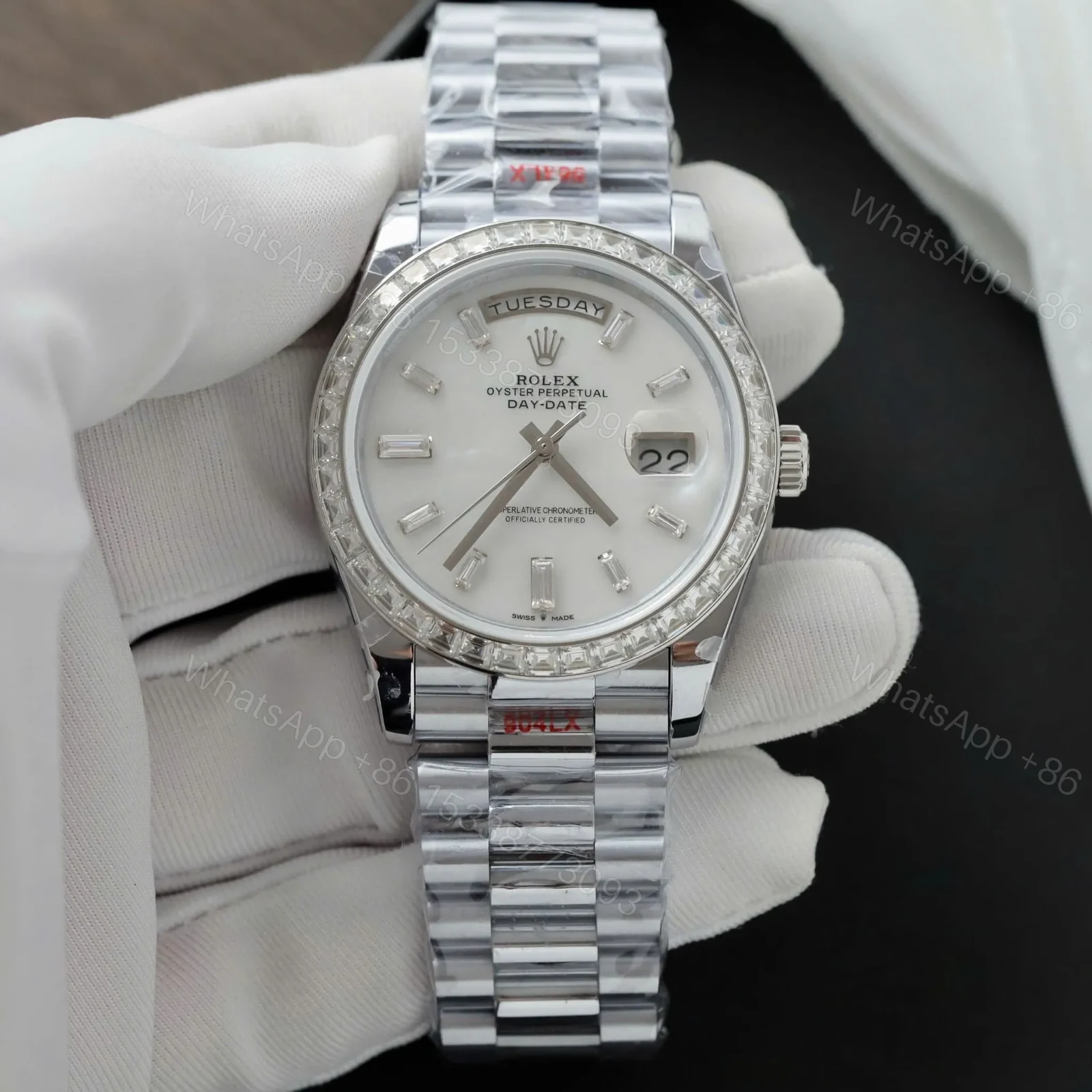 View 2 of Superclone Rolex Day-Date White Mother-of-Pearl Diamond Dial 128399tbr-0023 36 mm