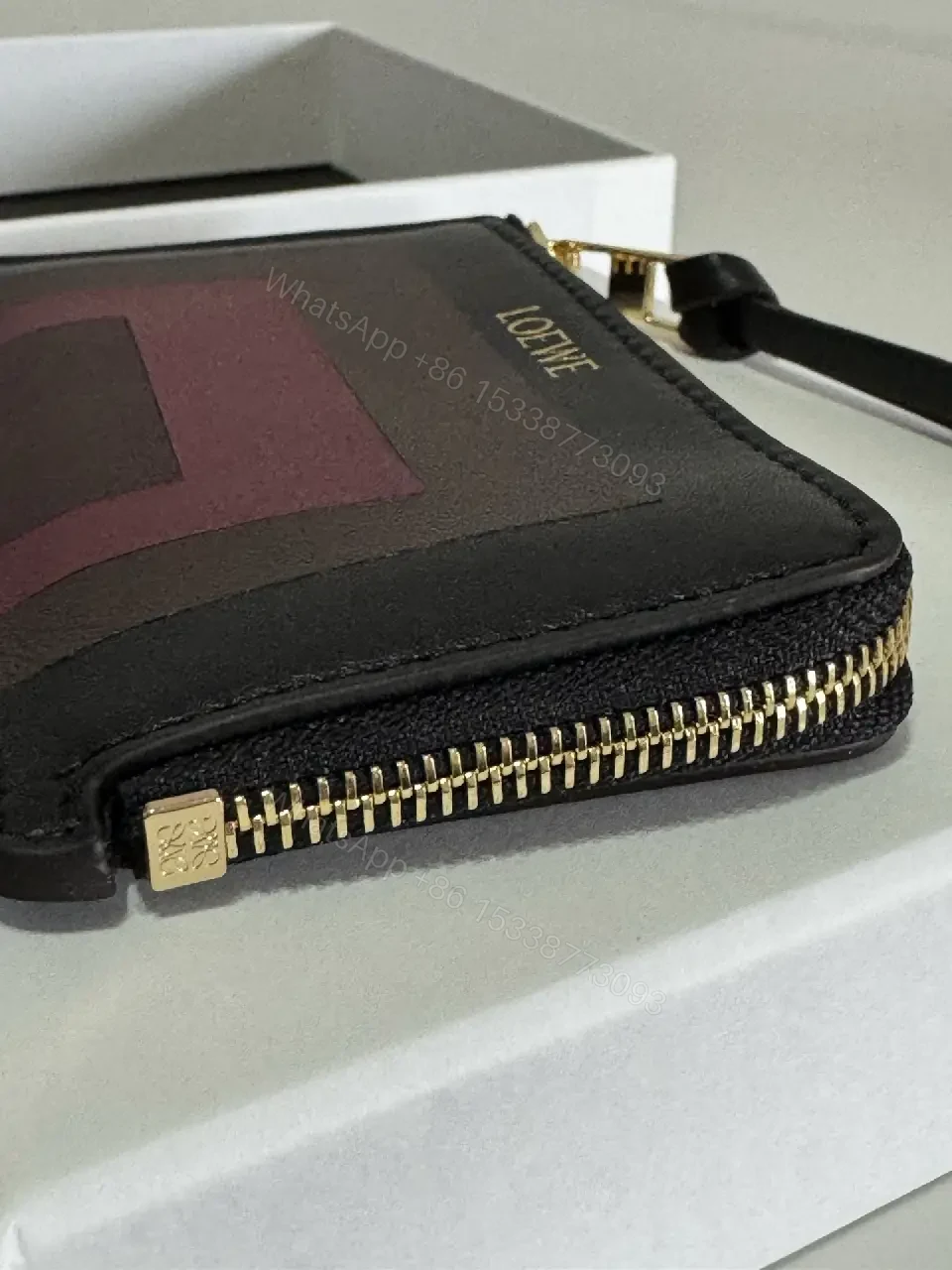 View 2 of Black Leather Color-Block Card Wallet with Gold Zipper and LOEWE Logo