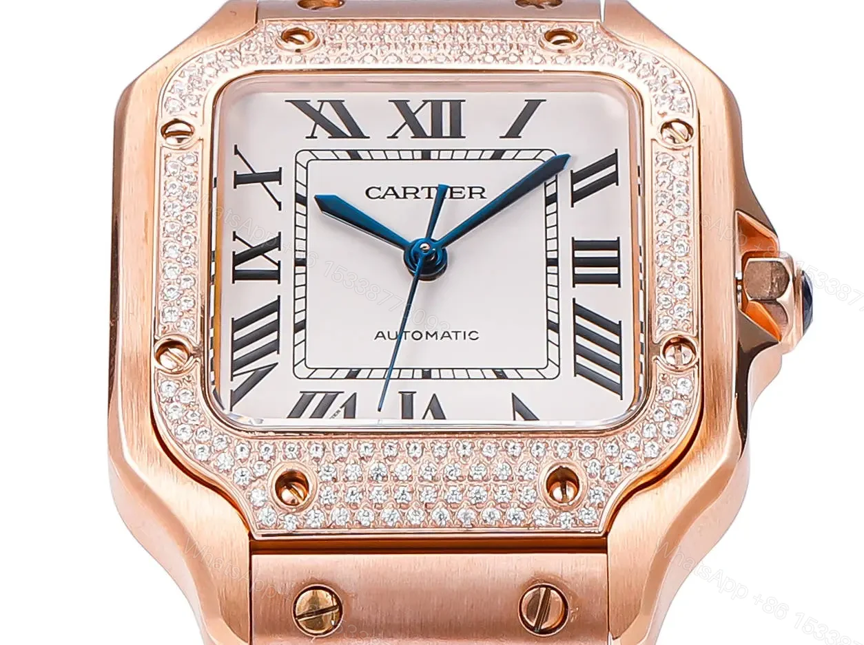 View 5 of Cartier super clone Santos White Dial Diamond Rose Gold Bracelet Premium 35MM RG-CARTIER-SANTOS-WHT-DIA-RG-35