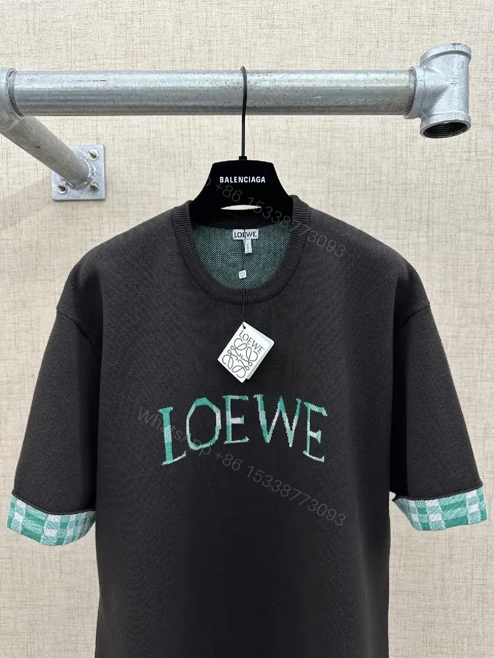 View 4 of Green Plaid-Trim LOEWE-Influenced Hoodie Tee