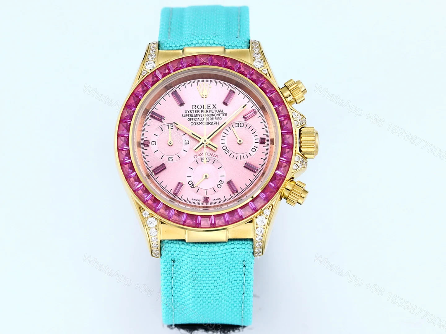 Rolex Daytona Pink Ruby Replica 43MM Exclusive Turquoise Fabric Strap RG-ROLEX-DAYTONA-PINK-TURQUOISE-43 — view 1