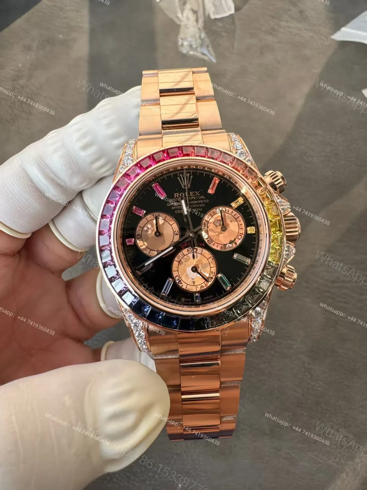 View 30 of Rolex Super Clone Rainbow Daytona 1:1 Replica Watch – 18K Rose Gold